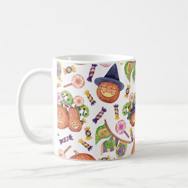 Taza De Café Halloween dibujado a mano: Patrón de acuarela bril (Izquierda)