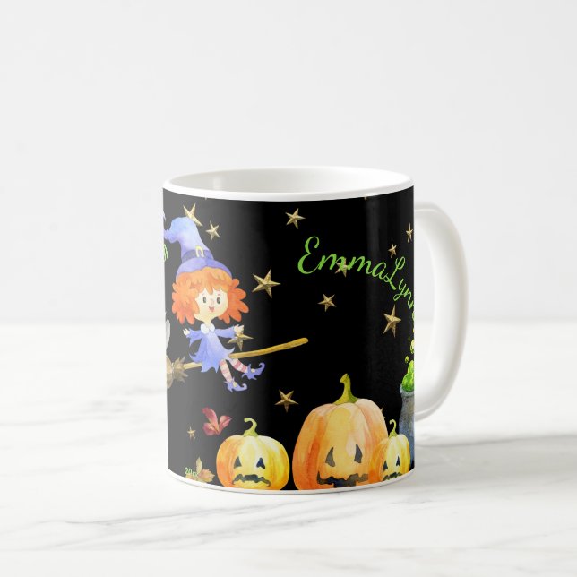 Taza De Café Halloween Diversión Purple Witch Flying Broom Gree (Anverso derecho)