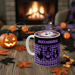 Taza De Café Halloween Frankenstein Witch Vampire Purple Plaid