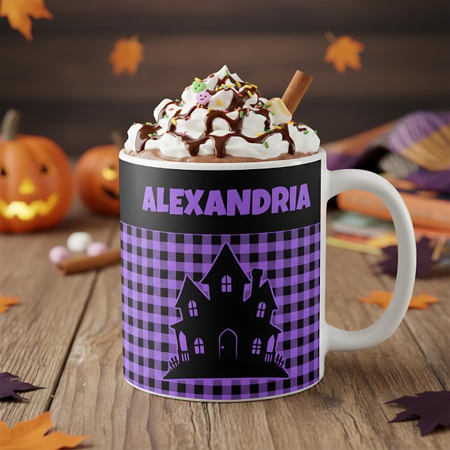 Taza De Café Halloween Haunted House Purple & Black Plaid Name (Subido por el creador)