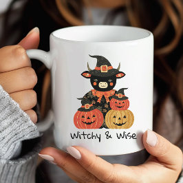 Taza De Café Halloween Highland Cow Witch & Pumpkins Mug