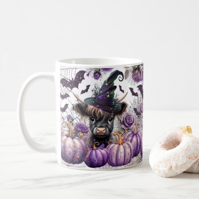 Taza De Café Halloween Highland Cow Witch Purple Pumpkins (Con donut)