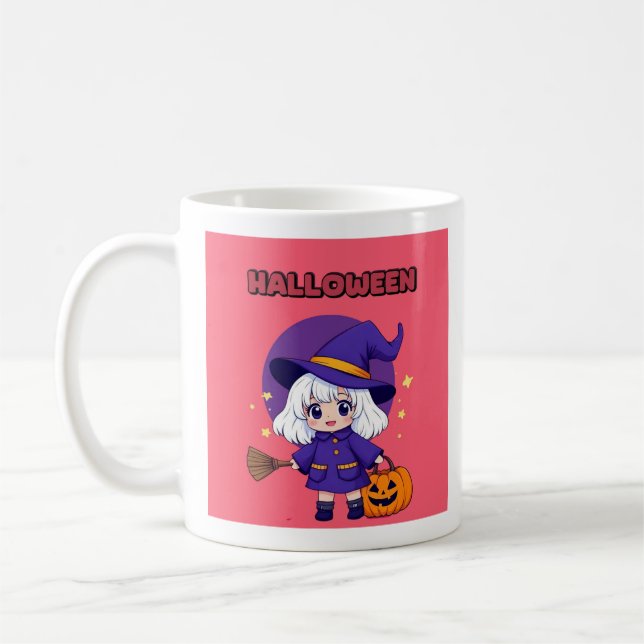 Taza De Café Halloween Kawaii Witch Mug – White Hair Broom 11oz (Izquierda)