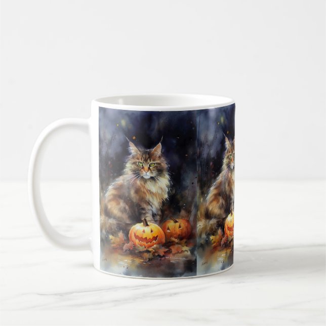 Taza De Café Halloween Maine Coon Cat Con Calabazas Temerosas (Izquierda)