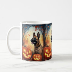 Taza De Café Halloween Malinoi Belga Con Calabazas Espeluznante