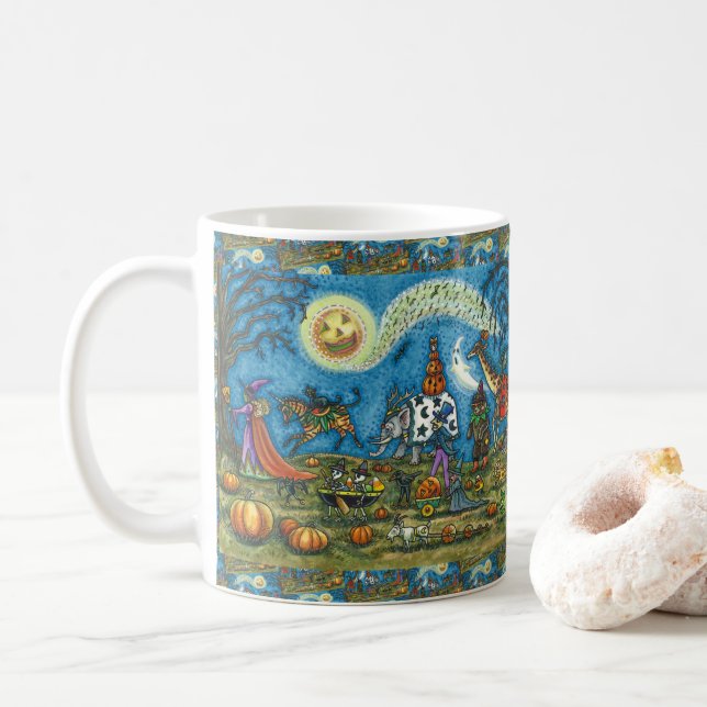 Taza De Café HALLOWEEN PARADE Witch Giraffe Bear Zebra Skellis (Con donut)