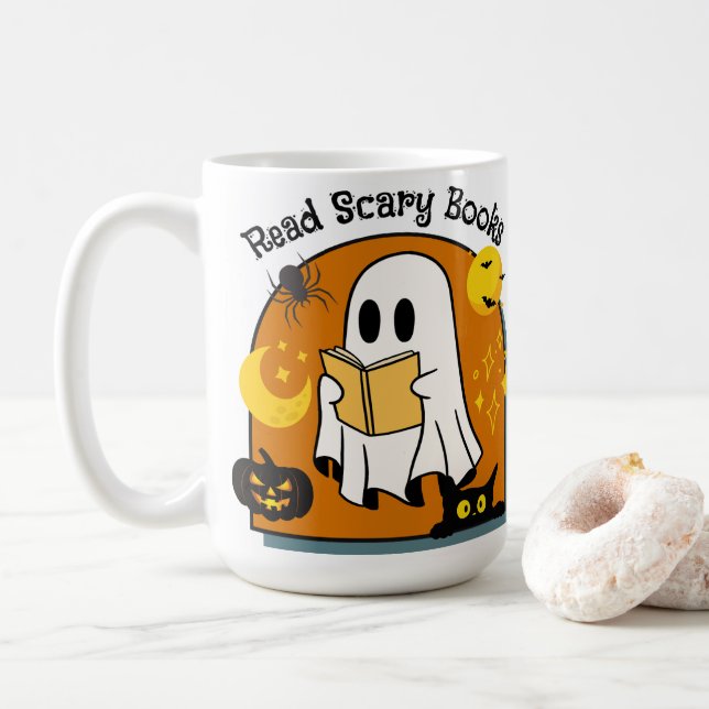 Taza De Café Halloween Read Scary Boks Ghost Black Cat Mug (Con donut)