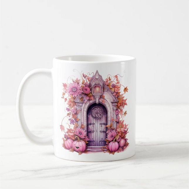 Taza De Café Halloween rosa floral casa embrujada (Izquierda)
