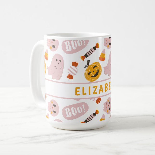 Taza De Café Halloween rosa personalizado (Anverso izquierdo)