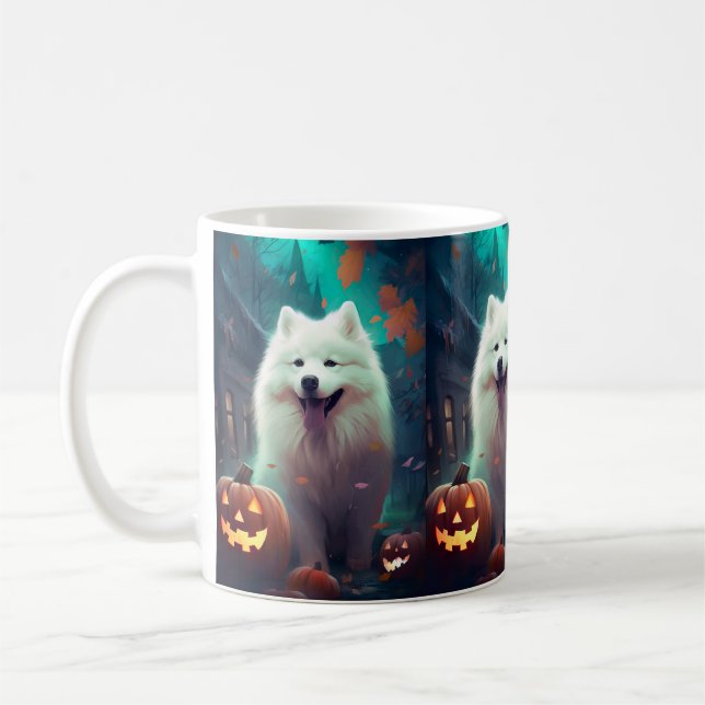 Taza De Café Halloween Samoyado Con Calabazas Asustadas (Izquierda)