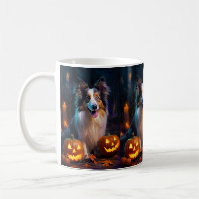Taza De Café Halloween Shetland Sheepdog con calabazas asustada (Izquierda)