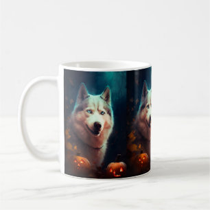 Taza De Café Halloween Siberiano Husky Con Calabazas Espeluznan