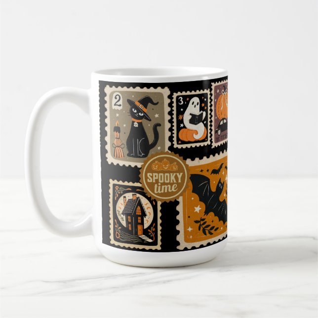 Taza De Café Halloween Spooktime Postal Stamams Ghost Bat Cat (Izquierda)