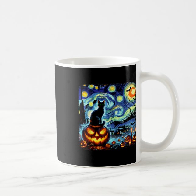 Taza De Café Halloween Van Gogh Starry Night Black Cat Pumpkins (Derecha)