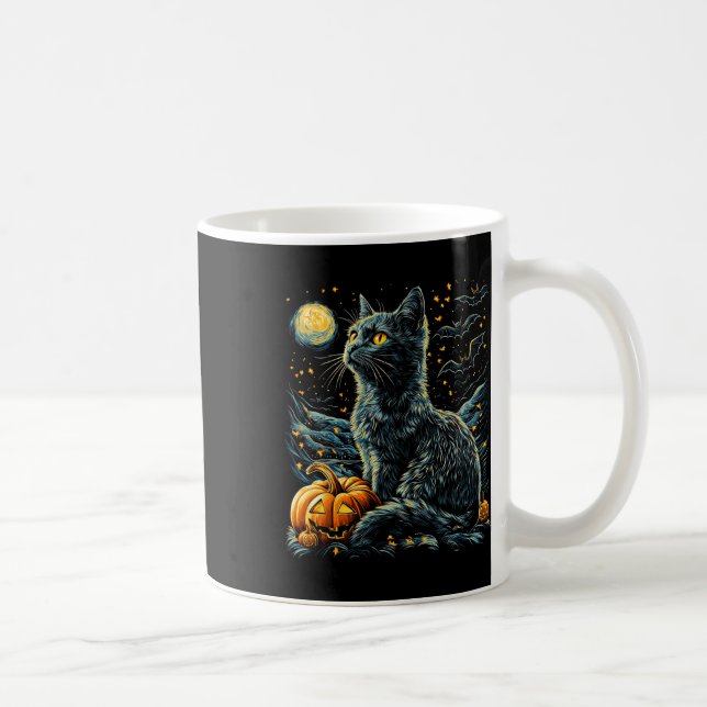 Taza De Café Halloween Van Gogh Starry Night Black Cat Pumpkins (Derecha)