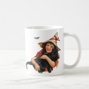 Taza De Café Halloween vintage, bruja Chica con gato negro