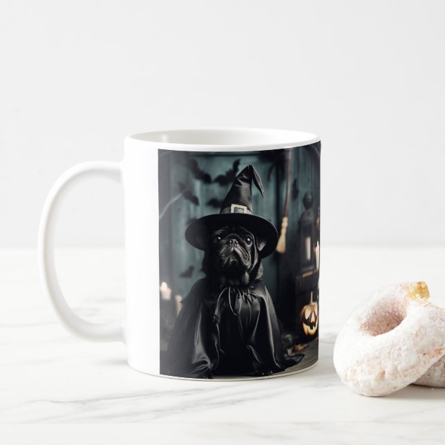 Taza De Café Halloween Wizard Black Pug Mug (Con donut)