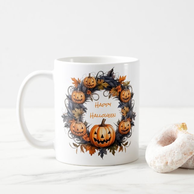 Taza De Café Halloween Wreath Feliz Halloween (Con donut)