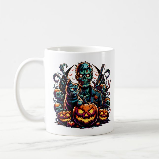 Taza De Café Halloween Zombie y Cat (Izquierda)