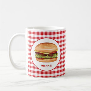 Taza De Café Hamburguesa Sobre Gingham Rojo Con Texto Personali