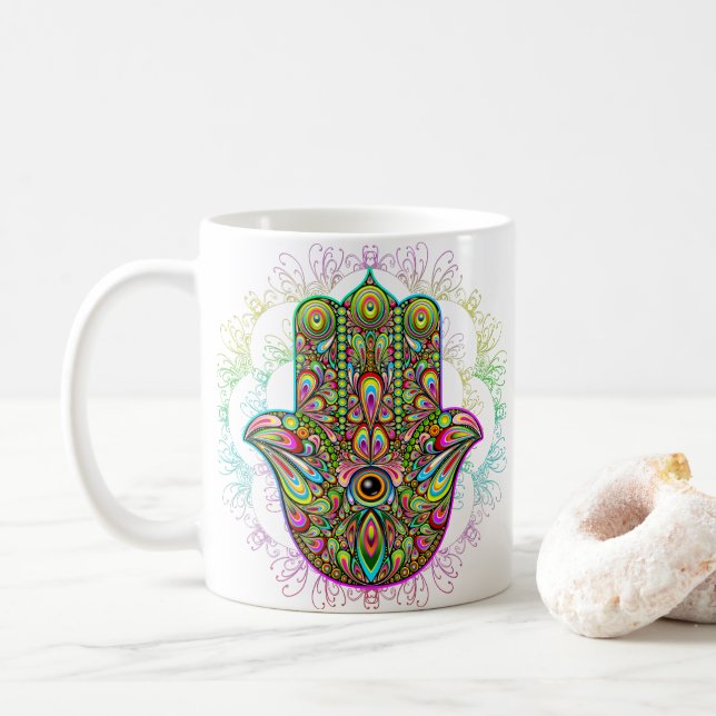 Taza De Café Hamsa Fatma Hand Psychedelic Art (Con donut)