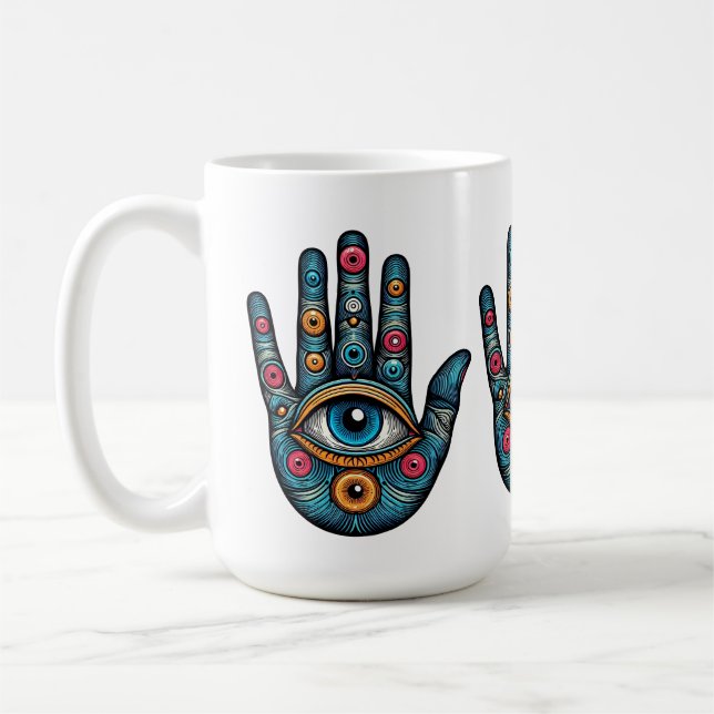 Taza De Café Hamsa Hand con ilustracion de arte visual (Izquierda)
