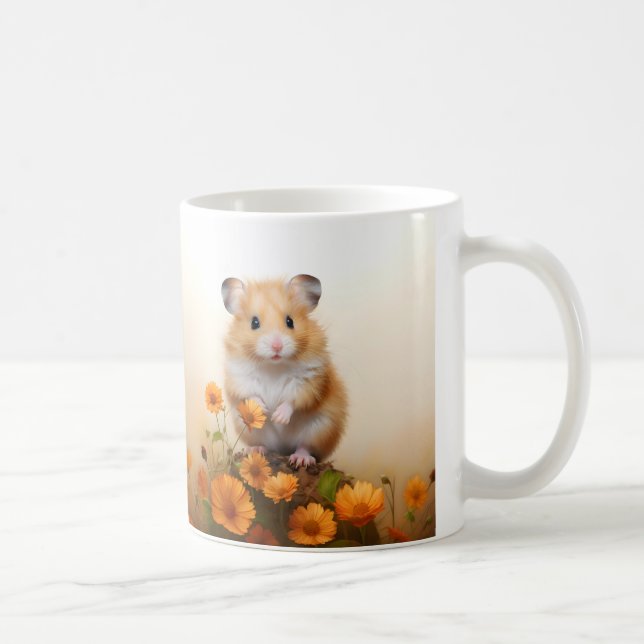 Taza De Café Hamster Entre Flores Naranjas (Derecha)