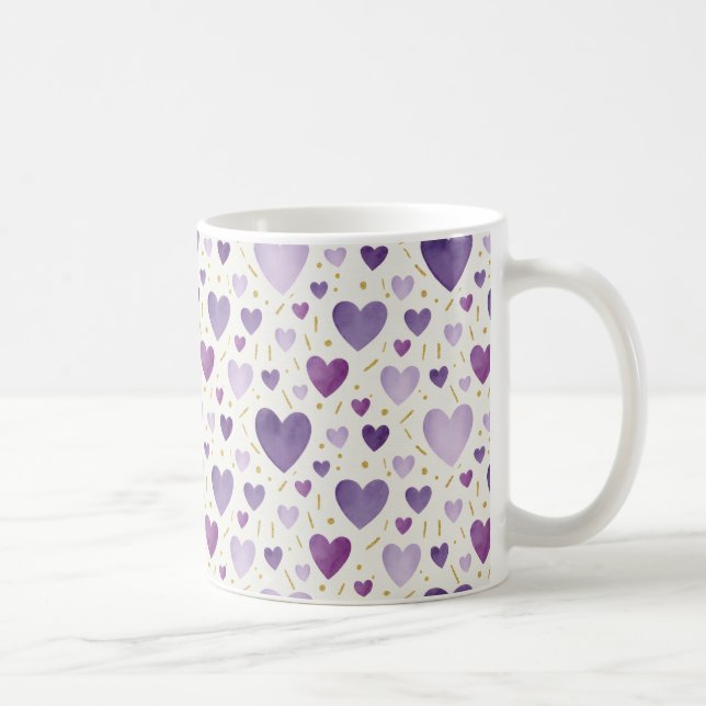 Taza De Café Hand-Painted Lavender & Gold Watercolor Hearts (Derecha)