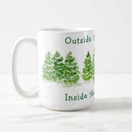 Taza De Café Handpainted Winter Trees Outside Snow Fires Glowin