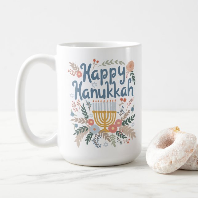Taza De Café Hanukkah FLorals Arte dibujado a mano (Con donut)