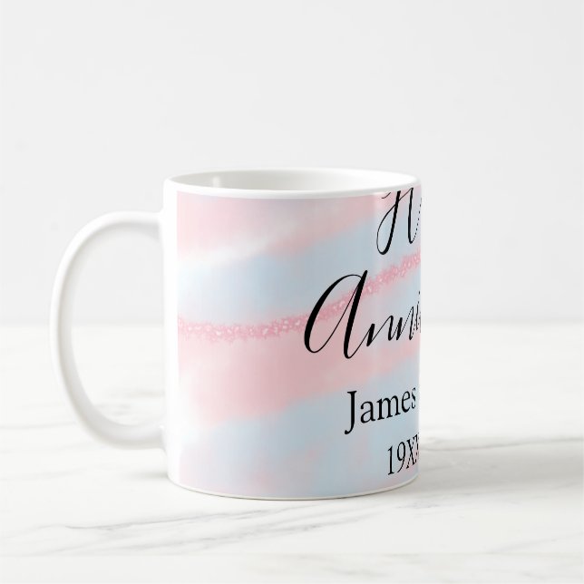 Taza De Café Happy anniversary wedding name date year pastel  (Izquierda)