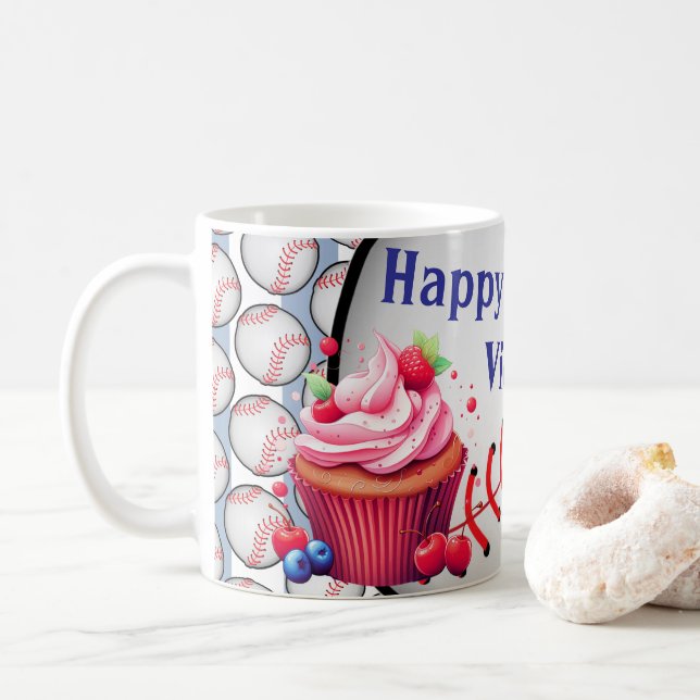 Taza De Café Happy Birthday Blue & White Stripe Baseball (Con donut)