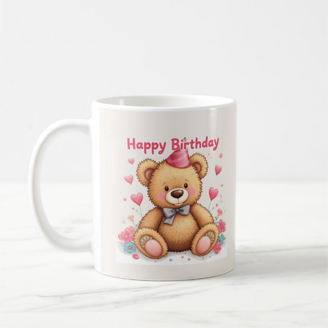 Taza De Café Happy Birthday Cute Teddy Bear with Pink Hearts (Izquierda)