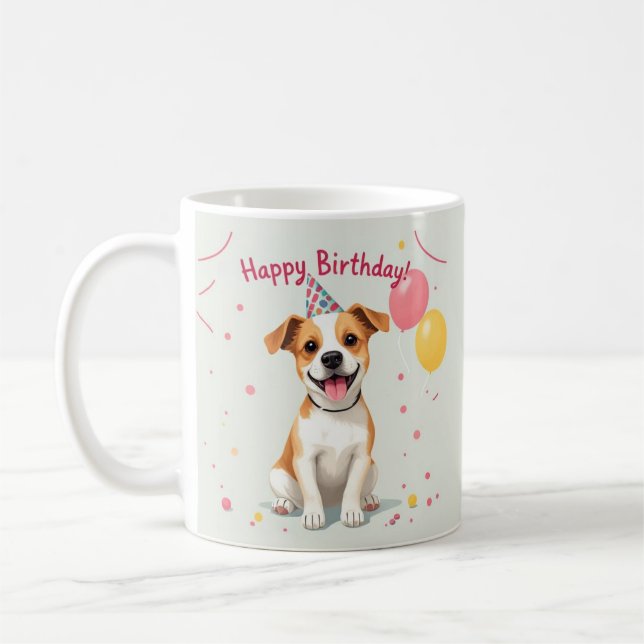 Taza De Café Happy Birthday Dog with Party Hat & Balloons (Izquierda)