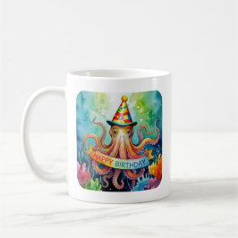 Taza De Café Happy Birthday Octopus Party Hat Watercolor Design