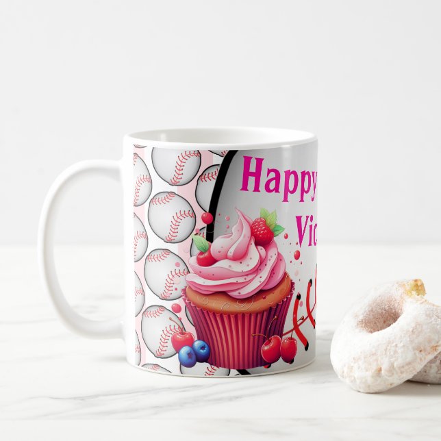 Taza De Café Happy Birthday Pink & White Stripe Baseball (Con donut)