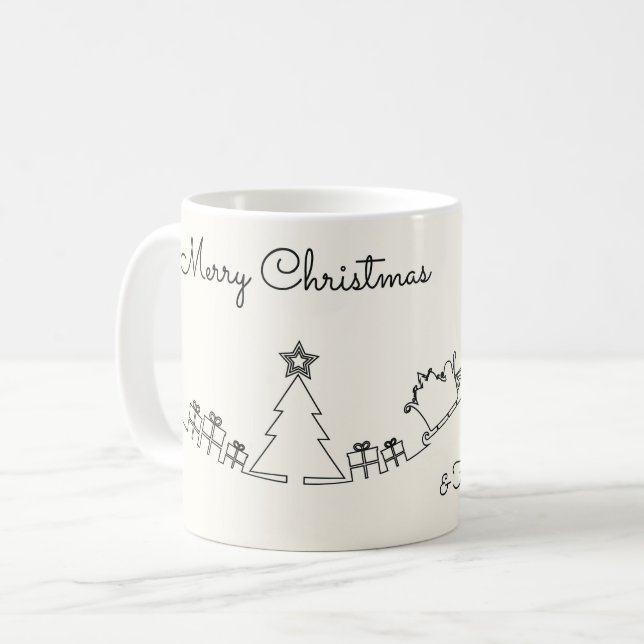 Taza De Café Happy Christmas Line Drawing With Santa & Sleigh (Anverso izquierdo)