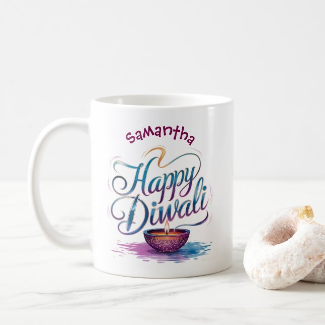 Taza De Café Happy Diwali customisable white  (Con donut)