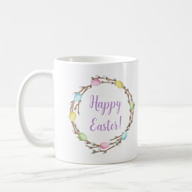 Taza De Café Happy Easter Willow Wreaths With Pastel Eggs (Izquierda)