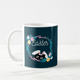 Taza De Café Happy Easter Wreath, Black Cat with bunny ears