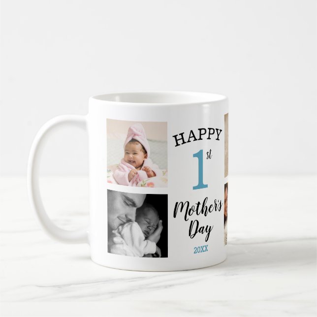Taza De Café Happy First Mother's Day Blue 8 Photo Collage (Izquierda)