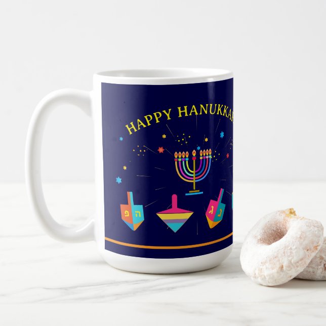 Taza De Café Happy Hanukkah Gold Menorah Jewish Holiday (Con donut)