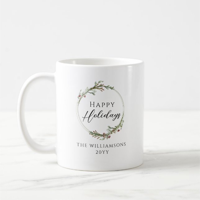 Taza De Café Happy Holidays Minimalist Family Name Wreath (Izquierda)