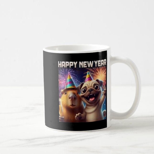Taza De Café Happy New Year 2026 Capybara Pug Party Art  (Derecha)