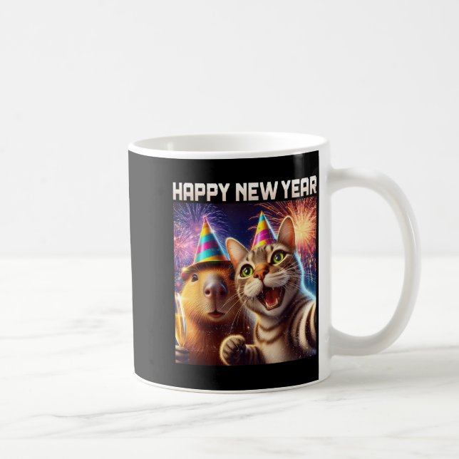 Taza De Café Happy New Year 2026 Cute Cat Capybara Party Art  (Derecha)
