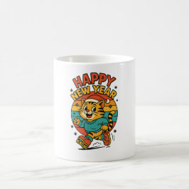 Taza De Café Happy New Year Cat - Cute 80s Cartoon Skating  