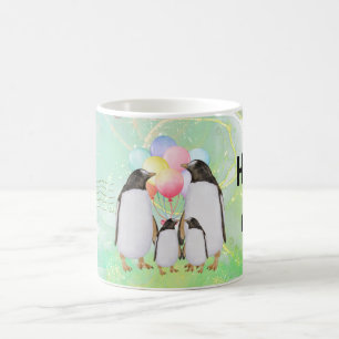 Taza De Café happy penguin family with colorful balloons