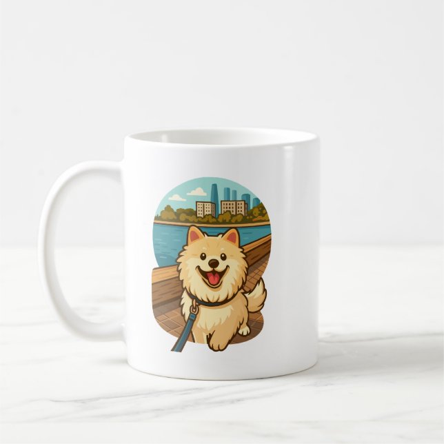 Taza De Café Happy Samoyed Walk by the City Waterfront (Izquierda)