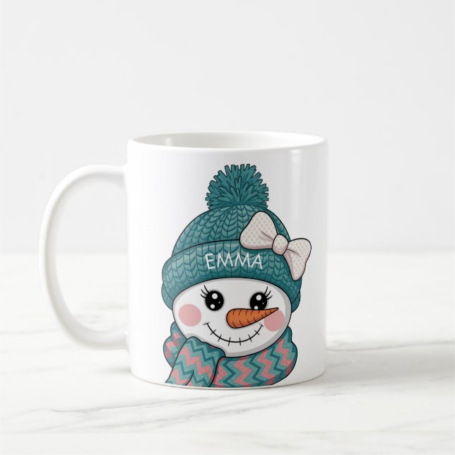 Taza De Café Happy Snowman Face Name Christmas bow (Izquierda)