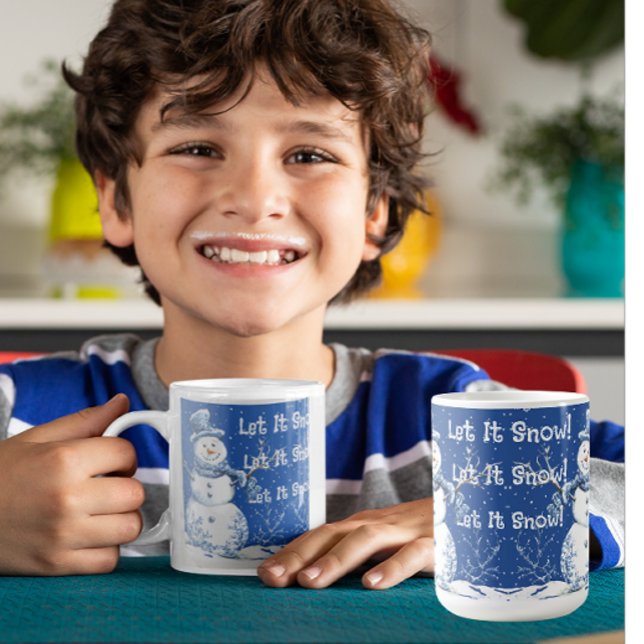 Taza De Café Happy Snowman Snowflakes Blue White Let It Snow (Let it snow!)